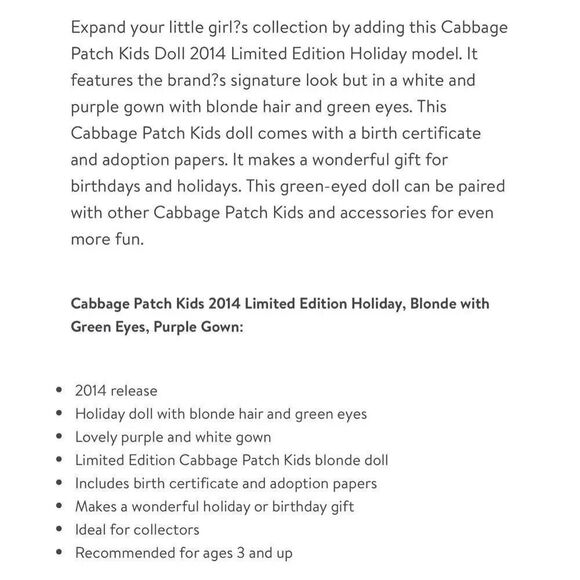Cabbage Patch Kids 2014 Limited Edition Holiday - Blonde with Green Eyes - Purpl - Picture 3 of 7